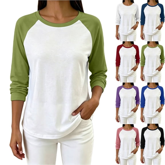 Women's 3/4 Sleeve Raglan Shirts, Crew Neck Casual Baseball Tops Color Block Basic Jersey Tees Green XL(XL)