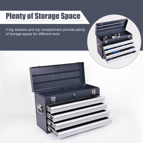 HYCHIKA Heavy Duty Metal Tool Box, 21 Inch, Portable Metal Tool Box with 4 Drawers, Small Tool Box, EVA Lined