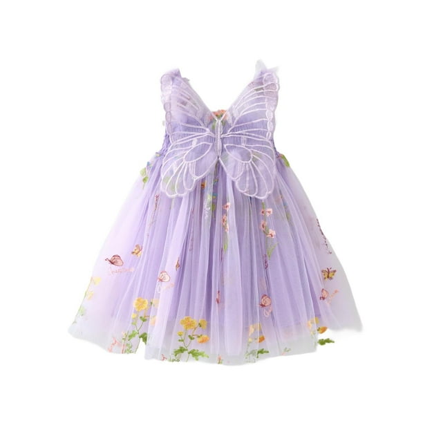 Odeerbi Niñas Verano Floral Bordado Tul Tutu Vestido Mariposa Alas Flower Girl Vestido Tank Vestido Sin Mangas Tirante Malla Vestido de Sol