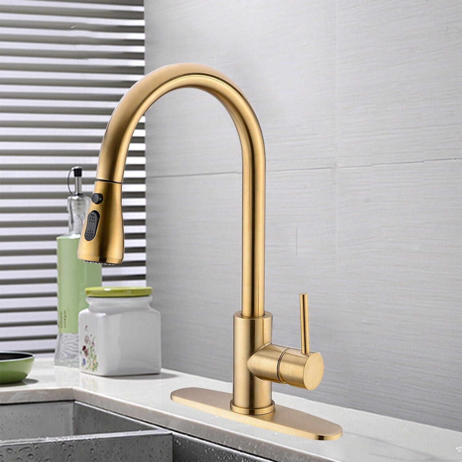 Zovajonia Brushed Gold Kitchen Faucet with Pull Down Sprayer, High Arc Single Handle Stainless Steel Kitchen Sink Faucet with Deck Plate