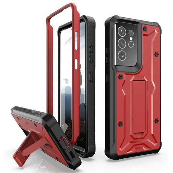 ArmadilloTek Vanguard Compatible with Samsung Galaxy S21 Ultra Case, Military Grade Full-Body Rugged with Built-in Kickstand [Screenless Version] - Red