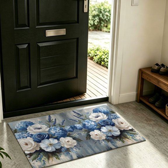 Front Door Mat Indoor Outdoor Blue Hydrangeas Garden Flower Non-Slip Doormat Low Profile Patio Porch Entryway Rug 16x24in Vintage Oil Painting