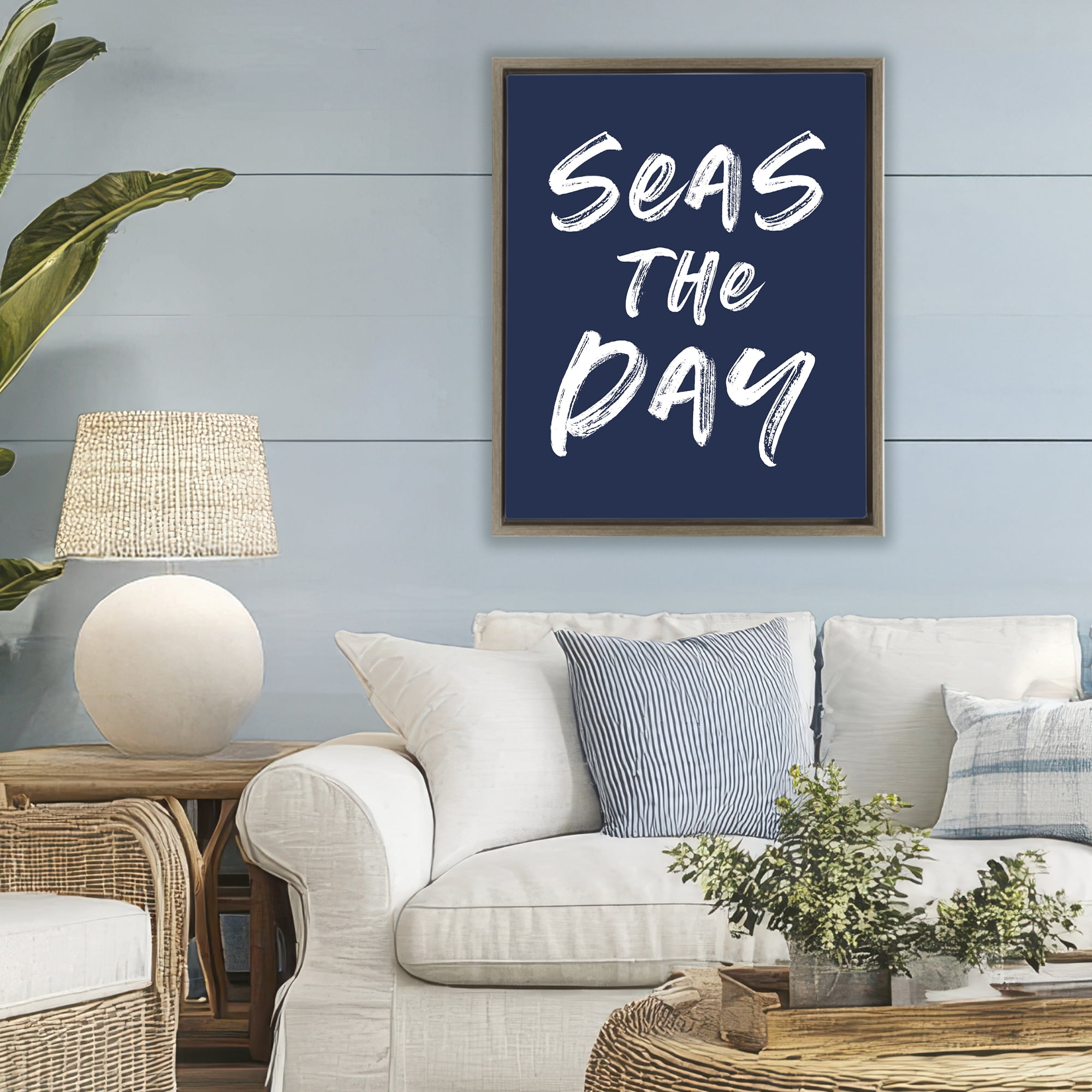 Seas The Day Sentiment Brown Framed Floater Canvas Wall Art, design by Lettered and Lined