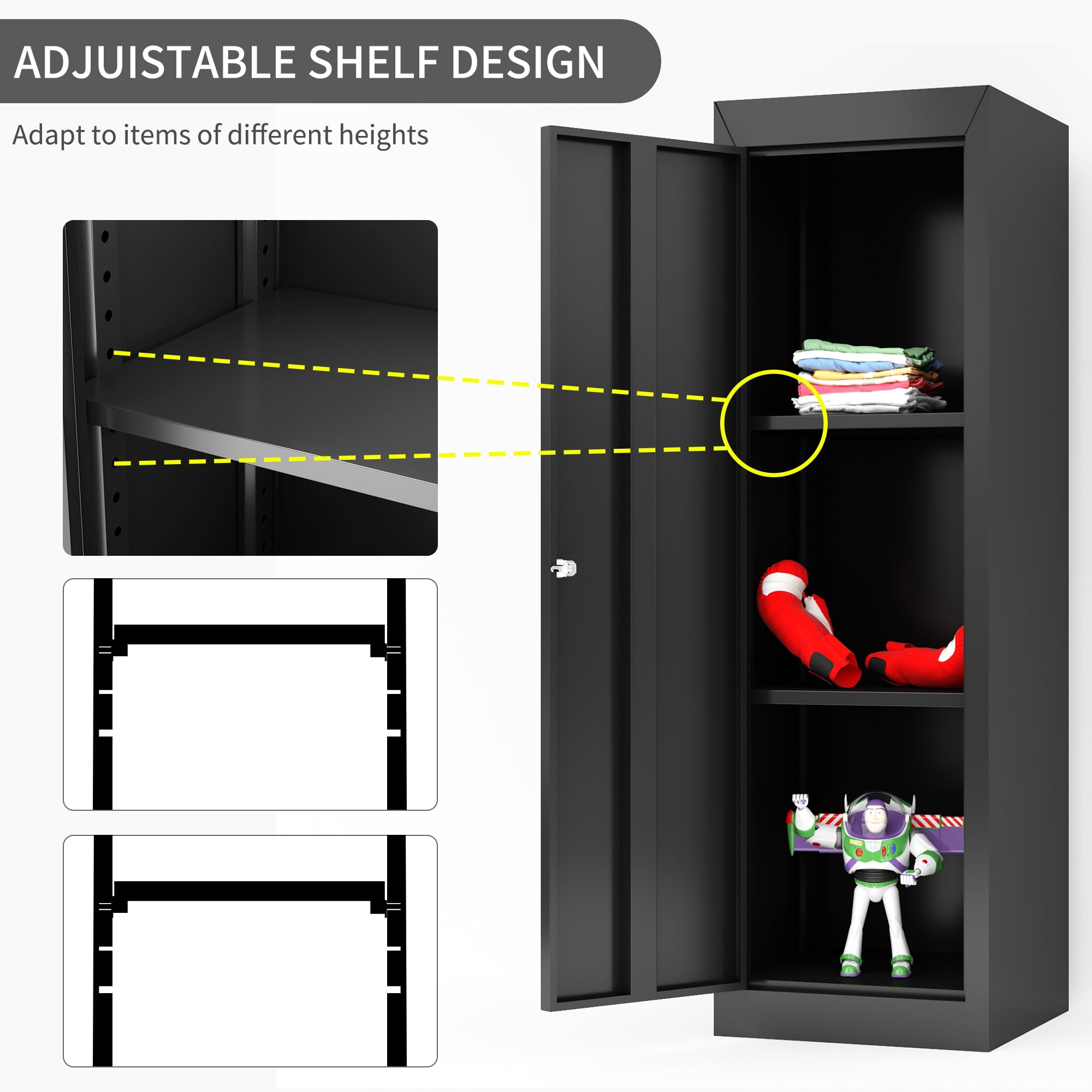 Kepooman Kids 3 Tier Metal Storage Locker with 2 Adjustable Shelves for Bedroom, 14.25"L x 17.99"W x 46.38"H, Black Kepooman Kids 3 Tier Metal Storage Locker with 2 Adjustable Shelves for Bedroom, 14.25"L x 17.99"W x 46.38"H, Black
