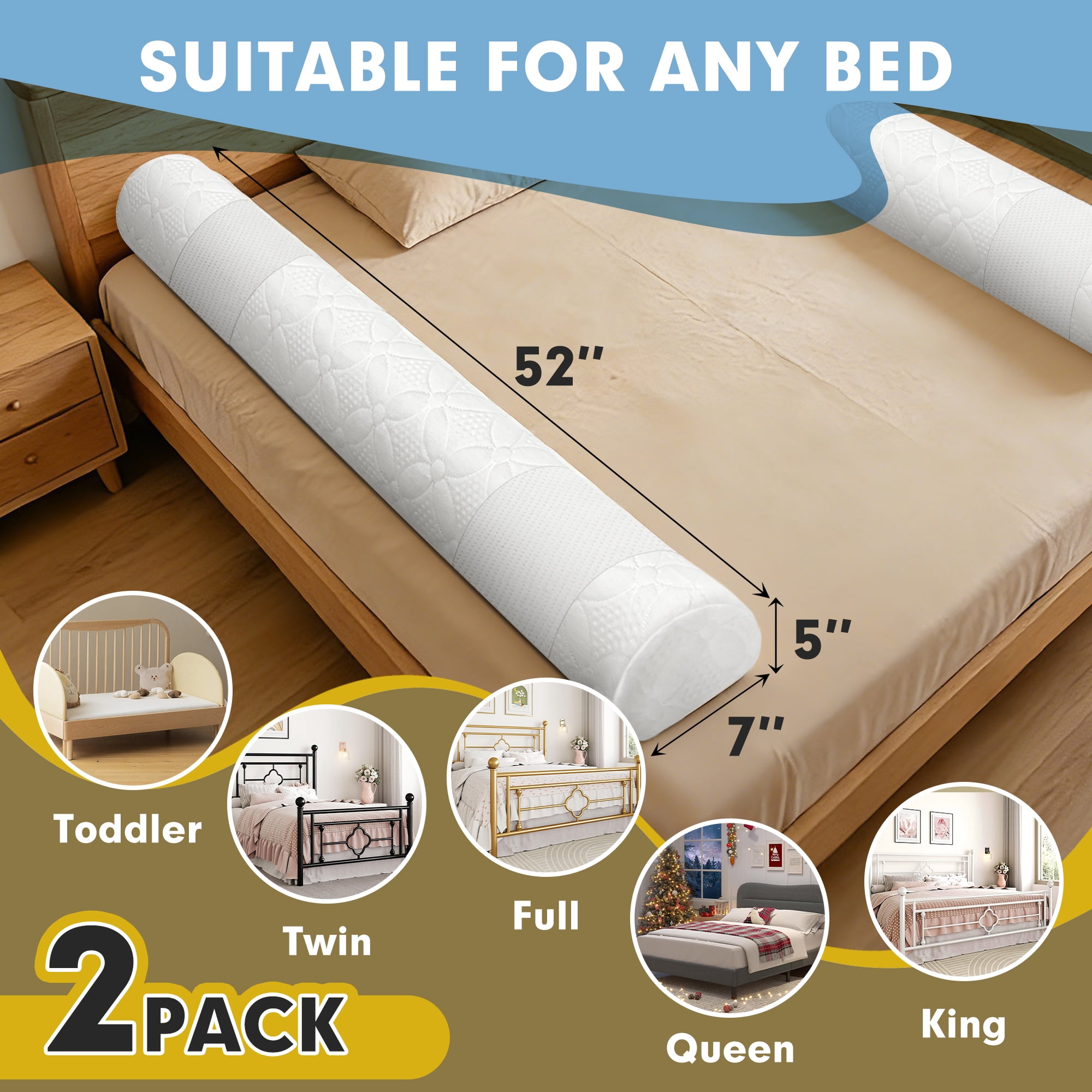 Bed Rail for Toddlers, Bed Guard Rail, Soft Memory Foam Toddler Bed Rail for Twin, Full, Queen, King Beds with Washable Cover, 2 Packs