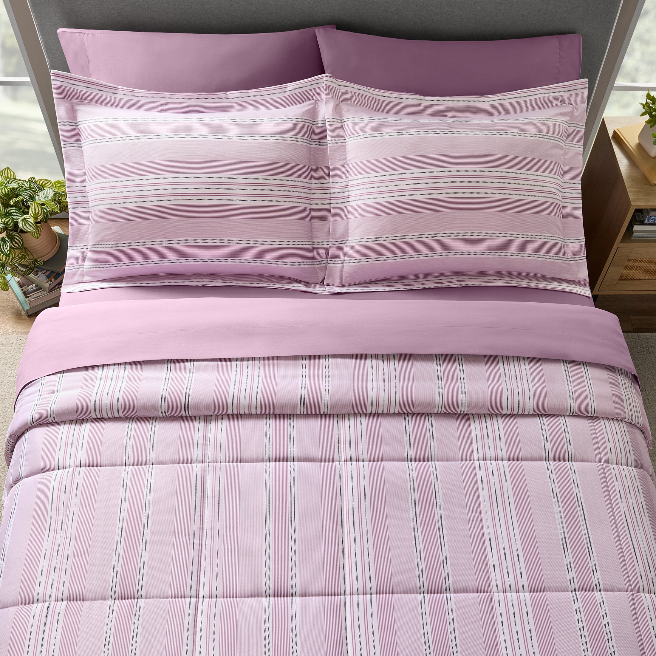 Mainstays 7-Piece Reversible Bed in a Bag Comforter and Sheet Set, Full, Purple and White Stripe