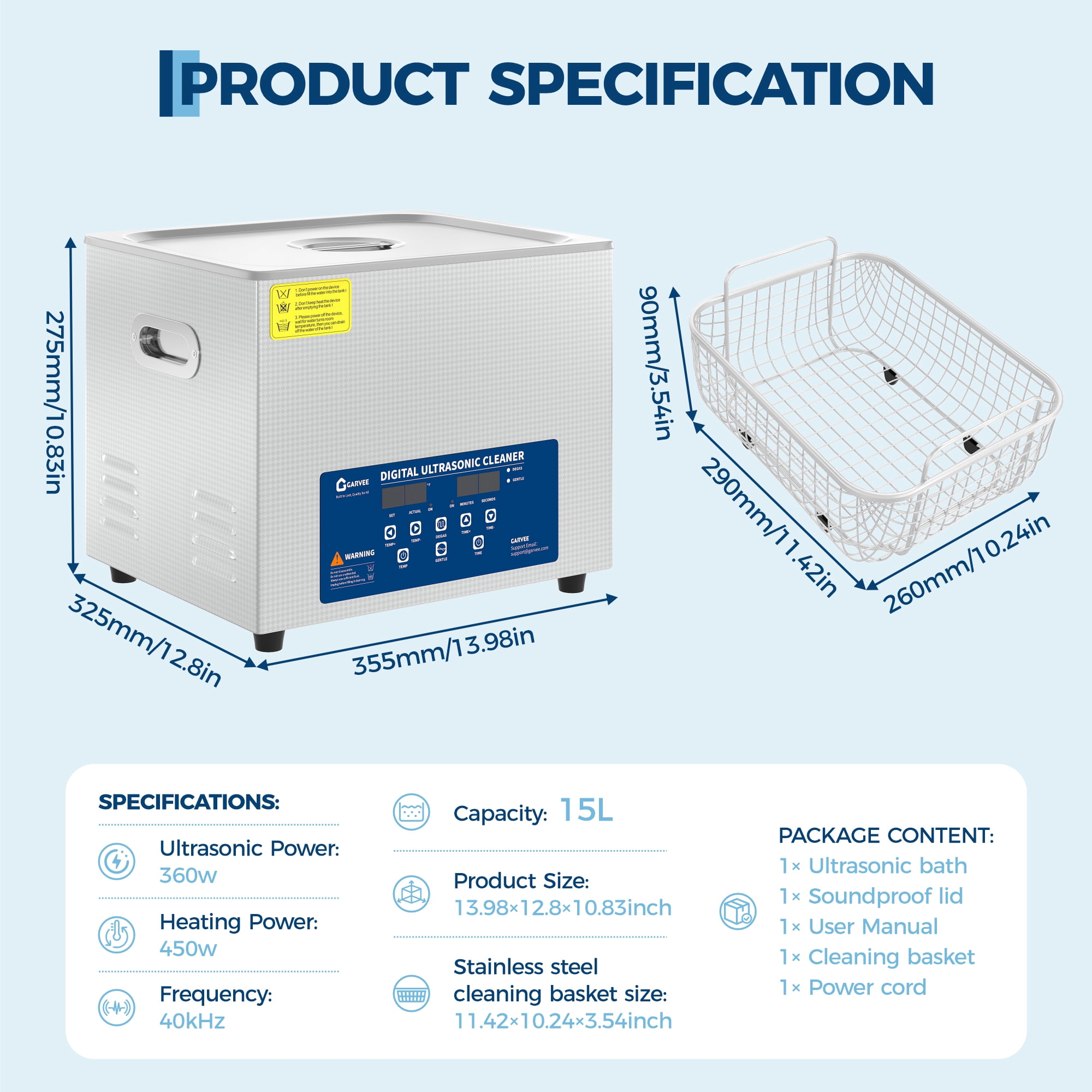 15L Digital Ultrasonic Cleaner with Timer, Professional Stainless Steel Cleaning Machine with Transducers for Jewelry, Glasses, Eyeglass