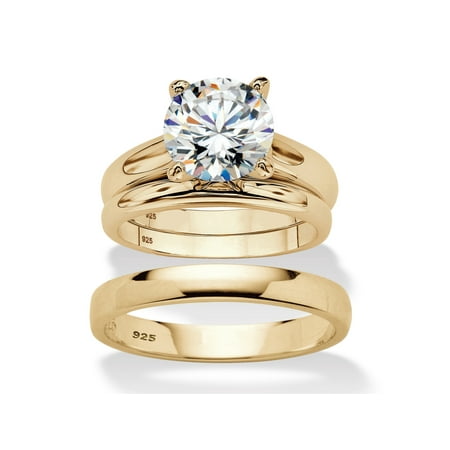 Round Cubic Zirconia 3-Piece His and Hers Trio Wedding Ring Set 3 TCW in Gold Over Sterling