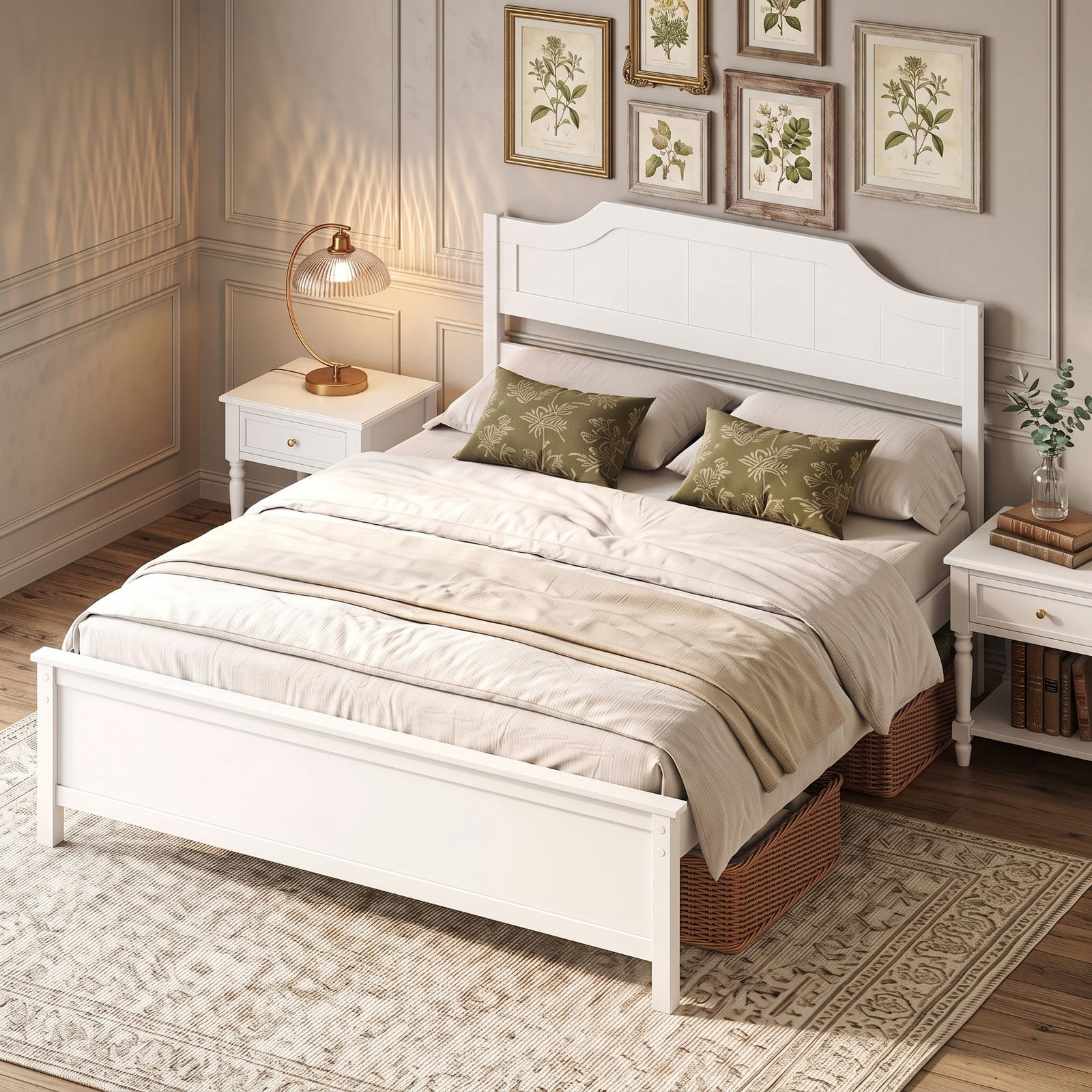 Furnibear Queen Size Bed Frame Solid Wood Platform Bed Frame with Curved Headboard and Footboard for Bedroom and Guest Room, White
