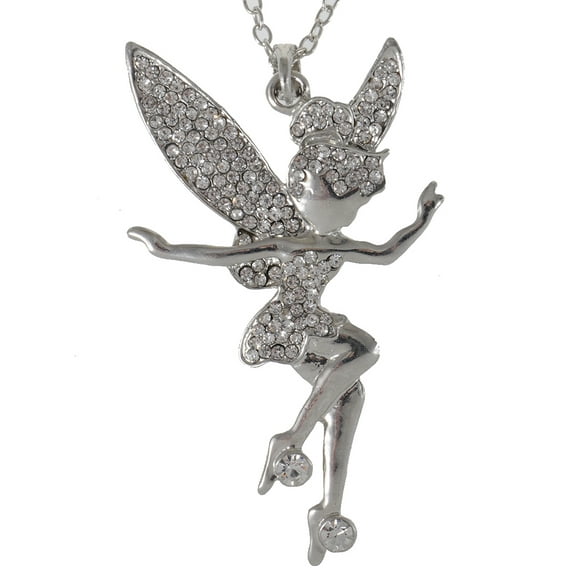 Nickel Tone Clear Rhinestones Tinkerbell Pixie Fairy Pendant Necklace