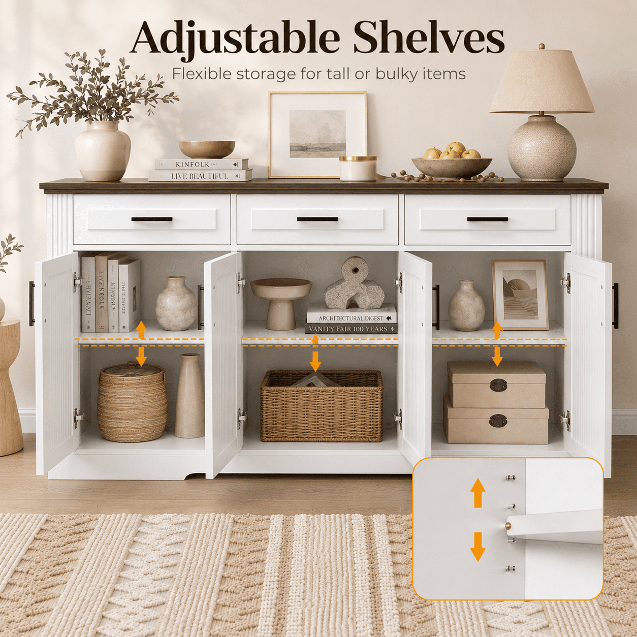 Aukfa 63" Fluted Sideboard Buffet Cabinet with 4 Doors, 3 Drawers, Adjustable Shelves, Kitchen Storage Cabinet,White