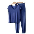 thumbnail image 6 of QUNYINEY Cotton Plus Size Pajamas for Women Set Short Sleeve Soft 2 Piece Blue Top And Pants Casual V Neck Womens Loungewear, 6 of 6