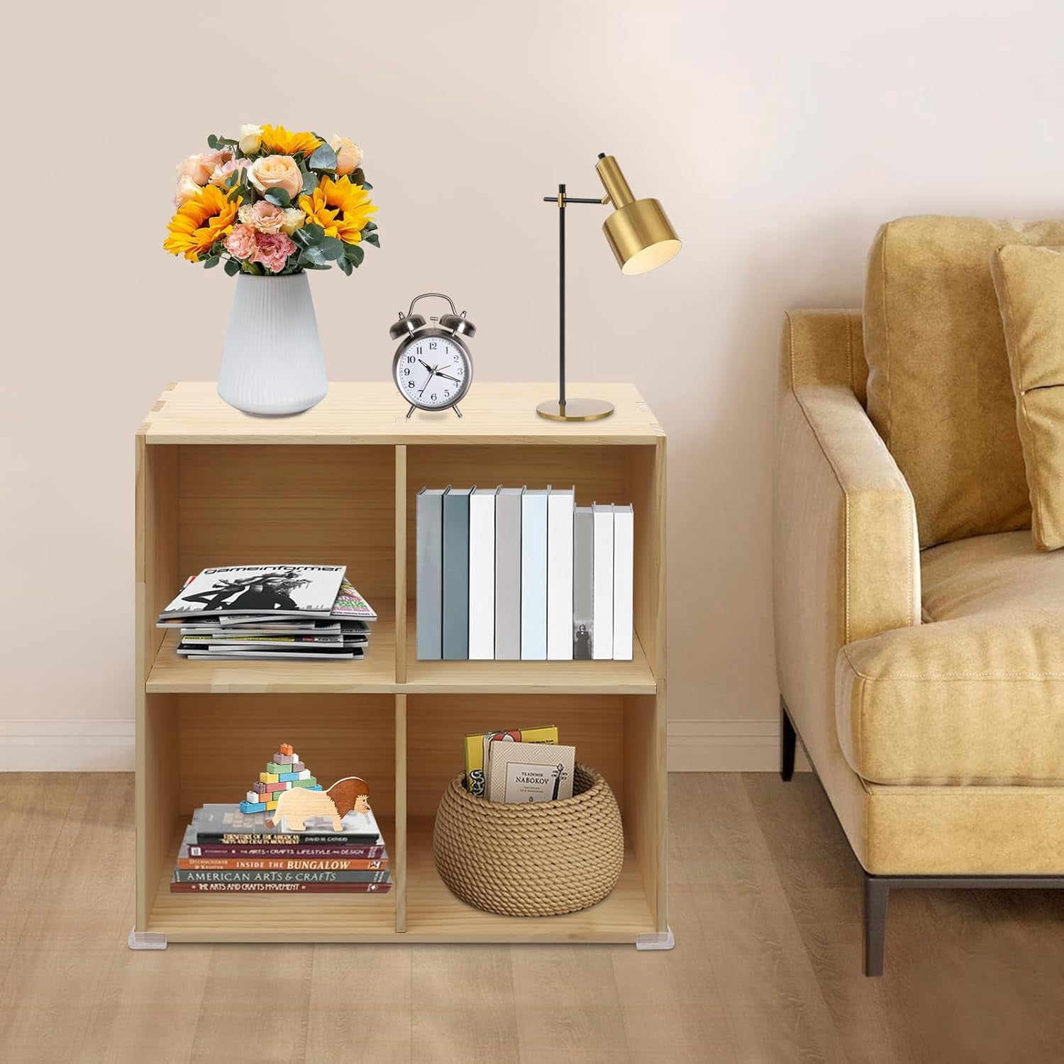 Solid Wood Bookcase 6-Cube Shelf, Convertible Vertical/Horizontal Storage Unit, Modern Farmhouse Bookcase with Mortise Tenon Joints, Natural Wood Color (6-Cube)