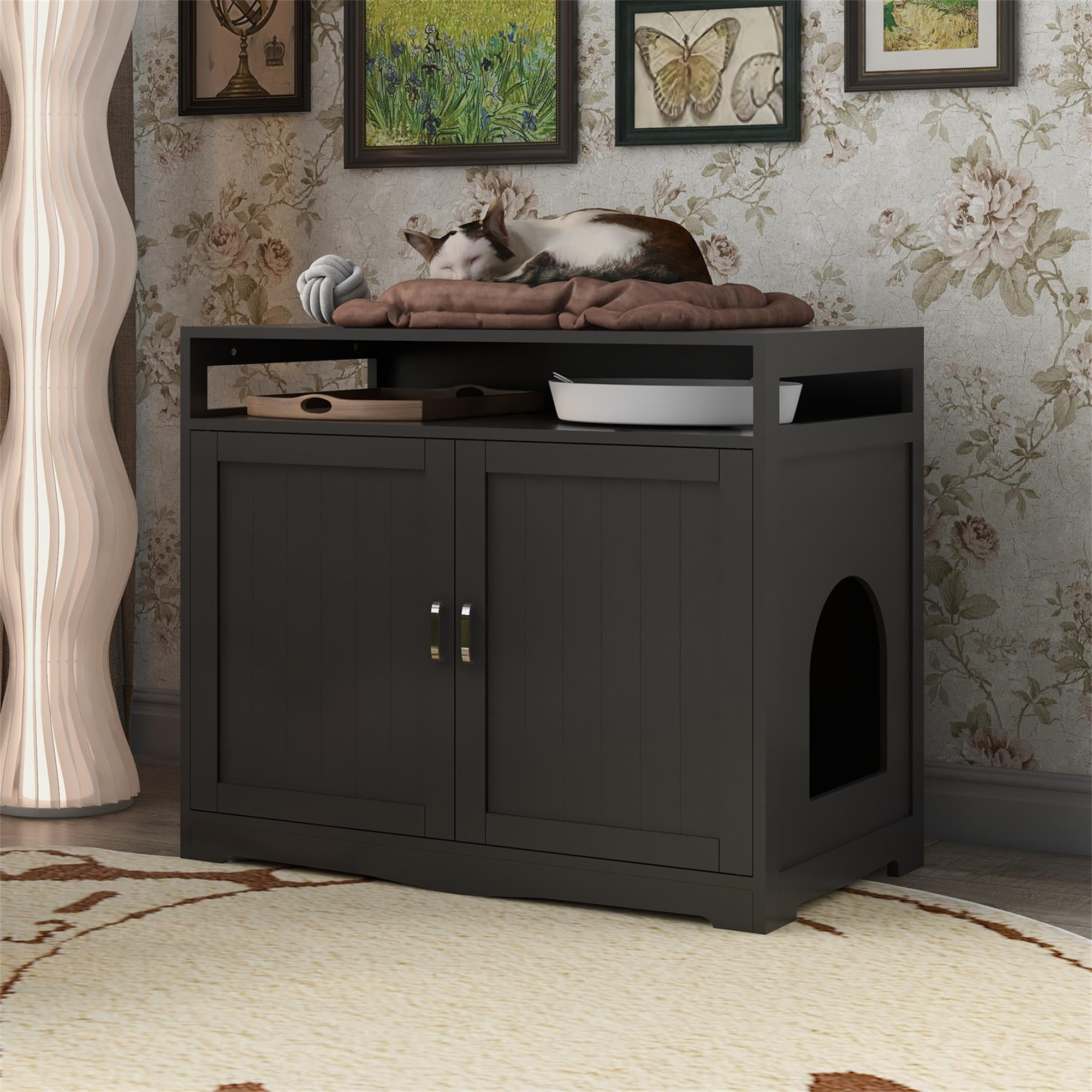 Pefilos 31" Cat Litter Box Enclosure Furniture with Hidden Plug, 2 Doors Indoor Cat Washroom, Wooden Enclused Litter Box Cat House, Brown Pefilos 31" Cat Litter Box Enclosure Furniture with Hidden Plug, 2 Doors Indoor Cat Washroom, Wooden Enclused Litter Box Cat House, Brown