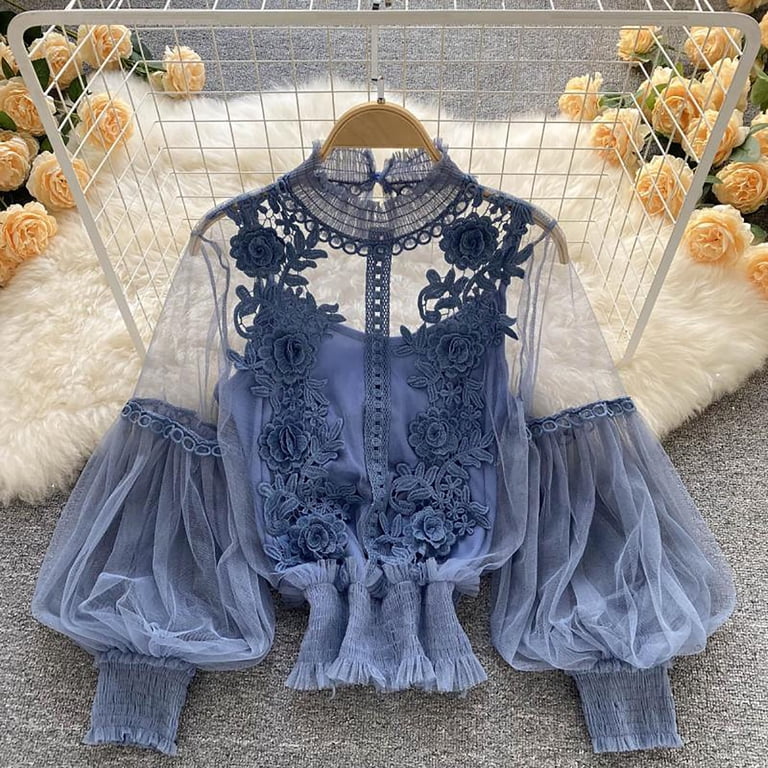 Women Cottagecore 3D Flower Blouse Bell Long Sleeve Sheer Lace