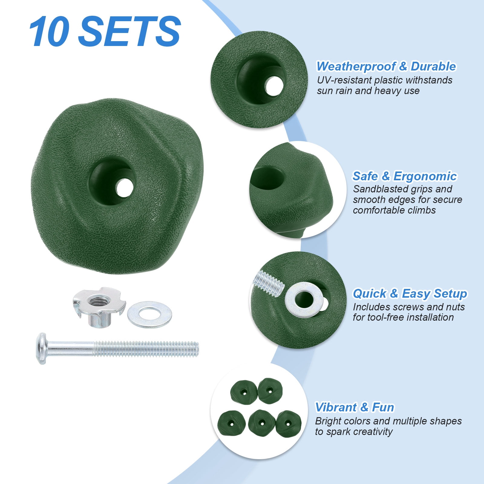 Rock Climbing Holds, 10 Pcs Climbing Rock Wall Grips with Single Holes for Playground Accessories, Green-A