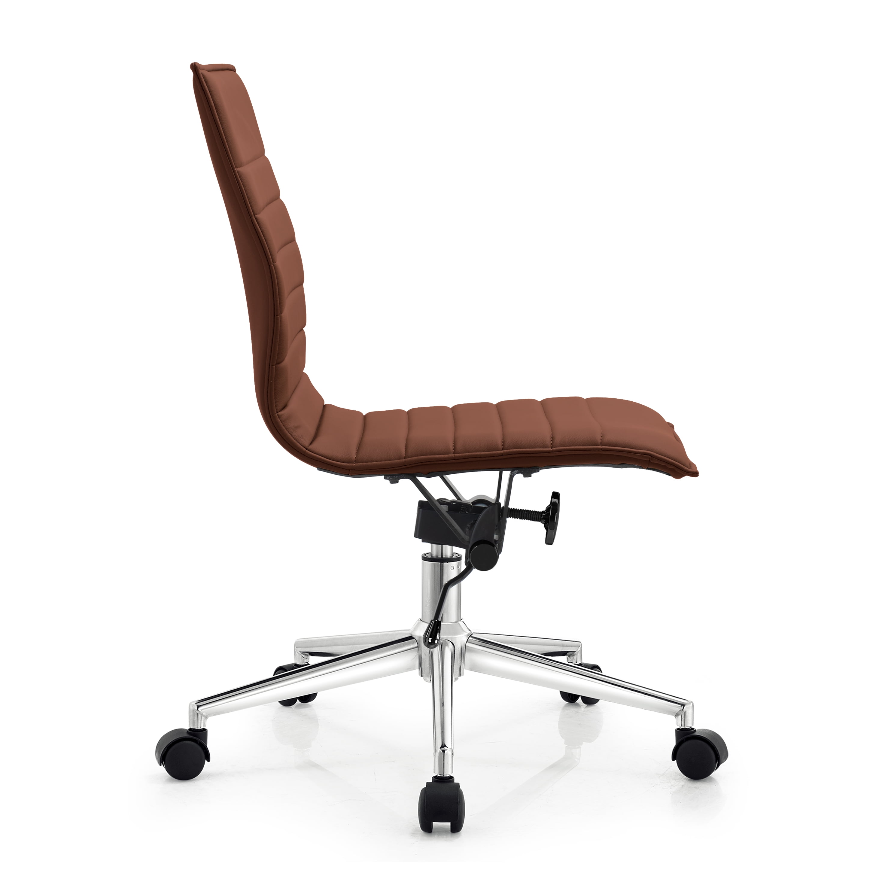 Homelala Brown Modern Mid Back Office Chair Ribbed PU Leather Swivel Tilt Adjustable Chair Designer Boss Executive Manager Office Conference Room Work Task Without Arms Armrests, Set of 1, 1 piece