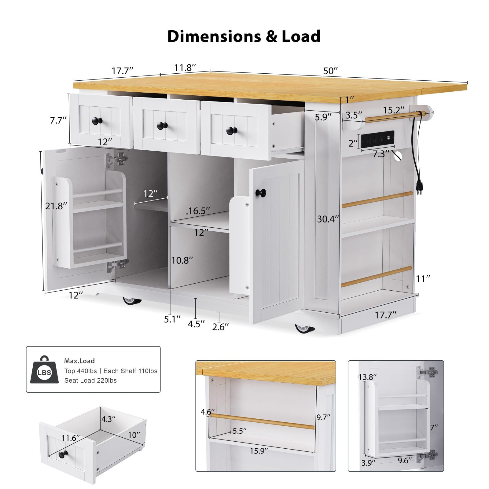 Kitchen Island with Storage, Moveable Kitchen Island with Power Outlet and Drop Leaf, Portable Kitchen Carts with Drawers and Shelves for Dinning Room