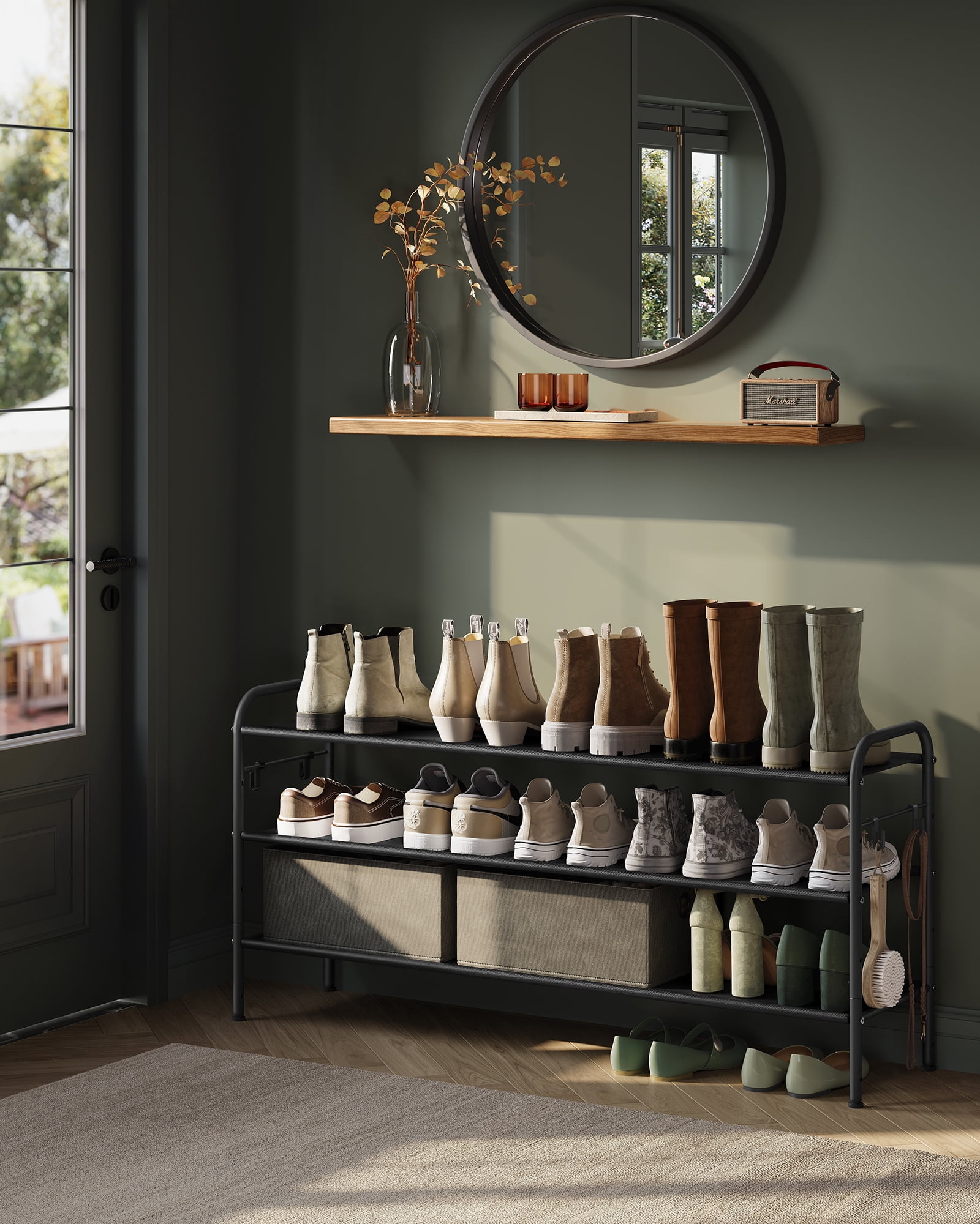 Shoe Rack, 3 Tier Shoe Organizer, Fabric Shoe Shelf Storage with 4 Hooks, Holds up to 18 Pairs of Shoes, Height-Adjustable Shoe Rack for Entryway, Hallway, Closet, Easy Assembly, Ink Black