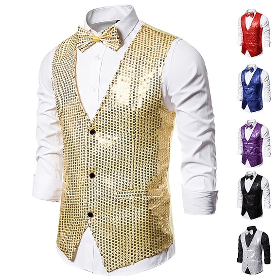 Xcmzpl Men's Sequin Vest V Neck Sleeveless Casual with Bow Tie Attached Date Night Holiday Party