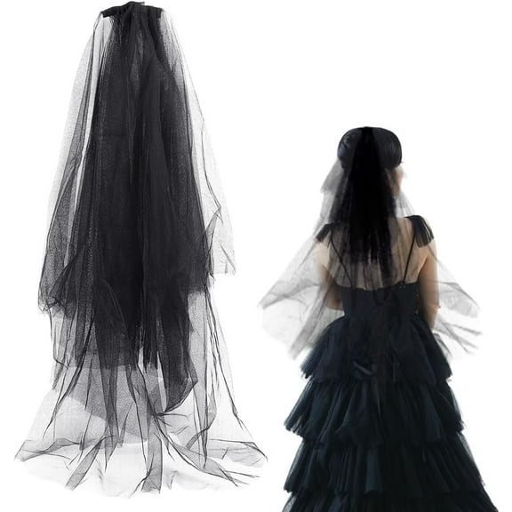 2Pcs Black Lace Veil Wedding Bridal Veil with Comb Gothic Bridal Veil Simple Short Wedding Veils for Women Wedding Prom Evening Party Fancy Dress Costume