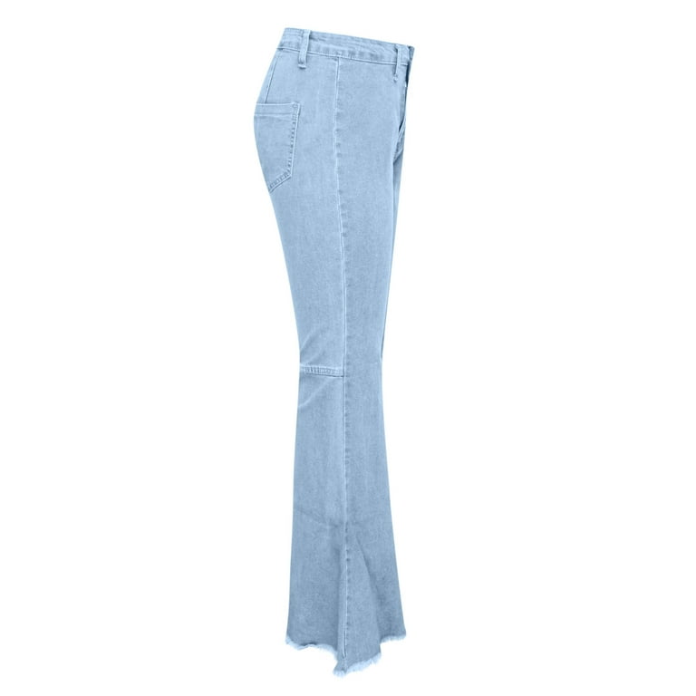 High Waist Flared Jeans Vintage 80s 90s Frayed Raw Hem Bell Bottom Denim  Long Pants for Women Fashion Casual S-3XL (Large, Dark Blue) 
