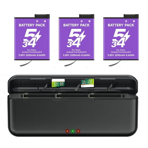 CITYORK 3-Pack Rechargeable DJI Osmo Action 5 Pro Batteries 2250mAh with 3-Channel Fast Charger Hub for DJI Osmo Action 5 Pro,Osmo Action 4 and Osmo Action 3