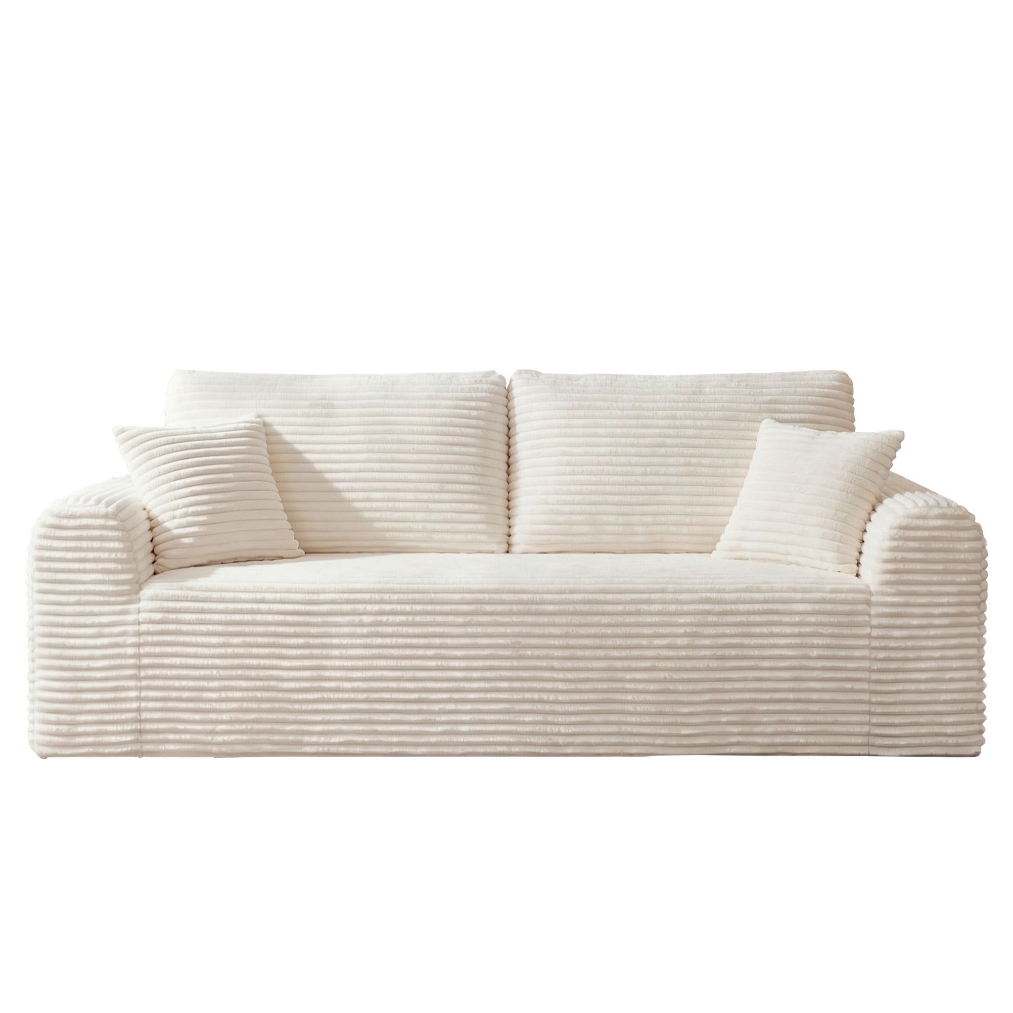 Aukfa 3 Seater Cloud Couch, 86.6" Corduroy Boneless Sofa, 26.4" Deep Seat, Compressed Sofa with Pillows for Living Room, Bedroom, Apartment, White
