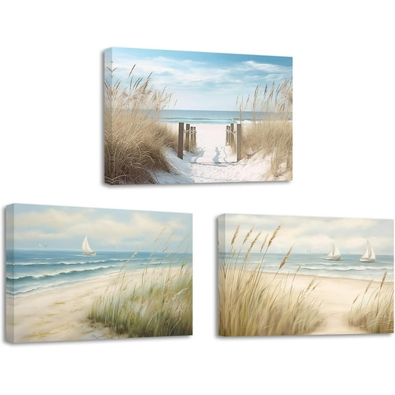 ZHONGYUTONG Coastal Wall Art 3 Pieces Beach Pathway Sailing Boat Picture Print on Canvas Seascape Artwork Rustic Ocean Bathroom Decor Framed (11.00" x 14.00" x 3PCS)