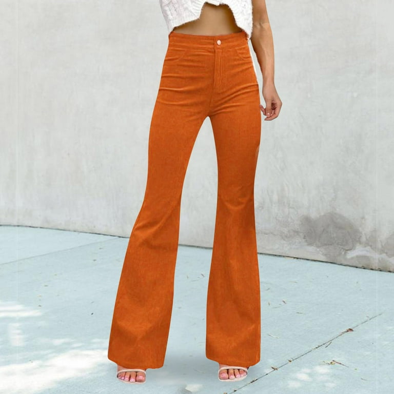 mveomtd Women Corduroy Flare Pants Elastic Waist Bell Bottom Trousers  Cropped Pants for Women Casual Petite Orange S