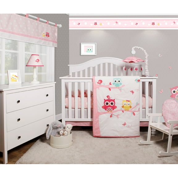 OptimaBaby Enchanted Owls Family 5 Piece Baby Girl Nursery Crib Bedding Set