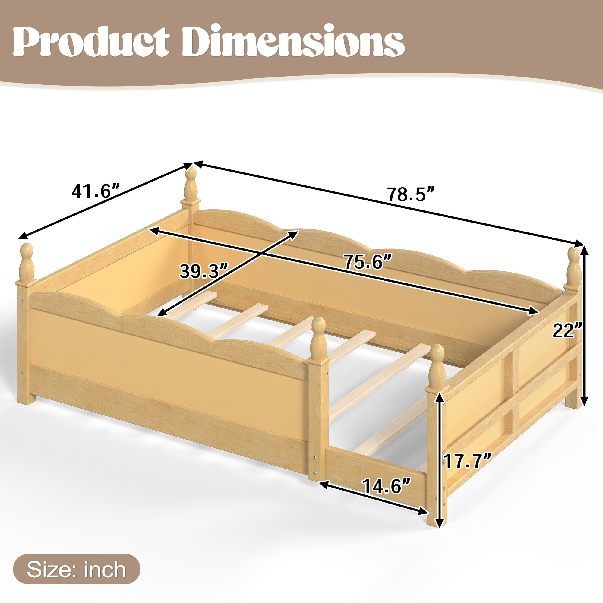 Montessori Twin Floor Bed with Full-Length Guardrails and Bookshelf, Low Profile Kids Bed with Childlike Design, Natural