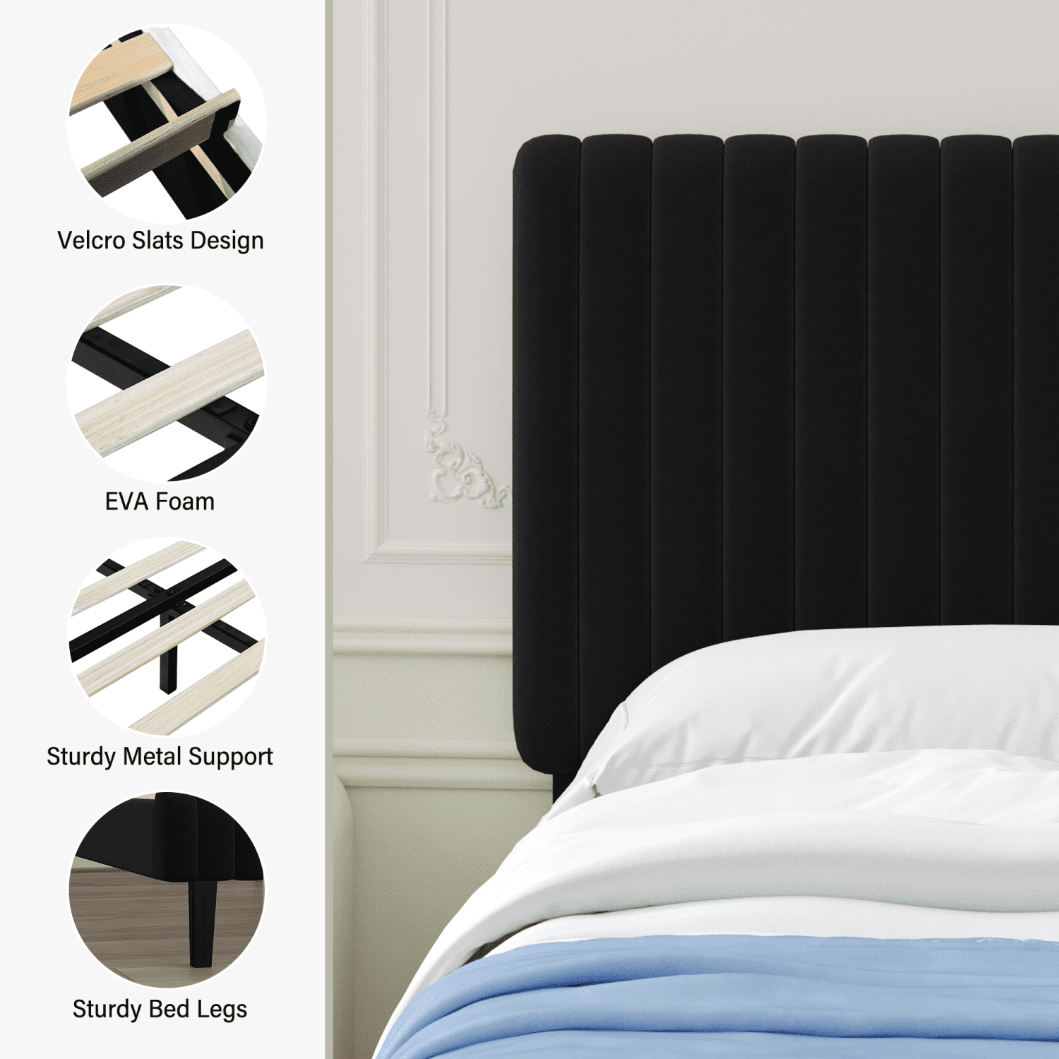 4 EVER WINNER King Size Bed Frame, King Size Upholstered Platform Bed Frame with Vertical Channel Tufted Headboard, Black King Bed Frame, Black