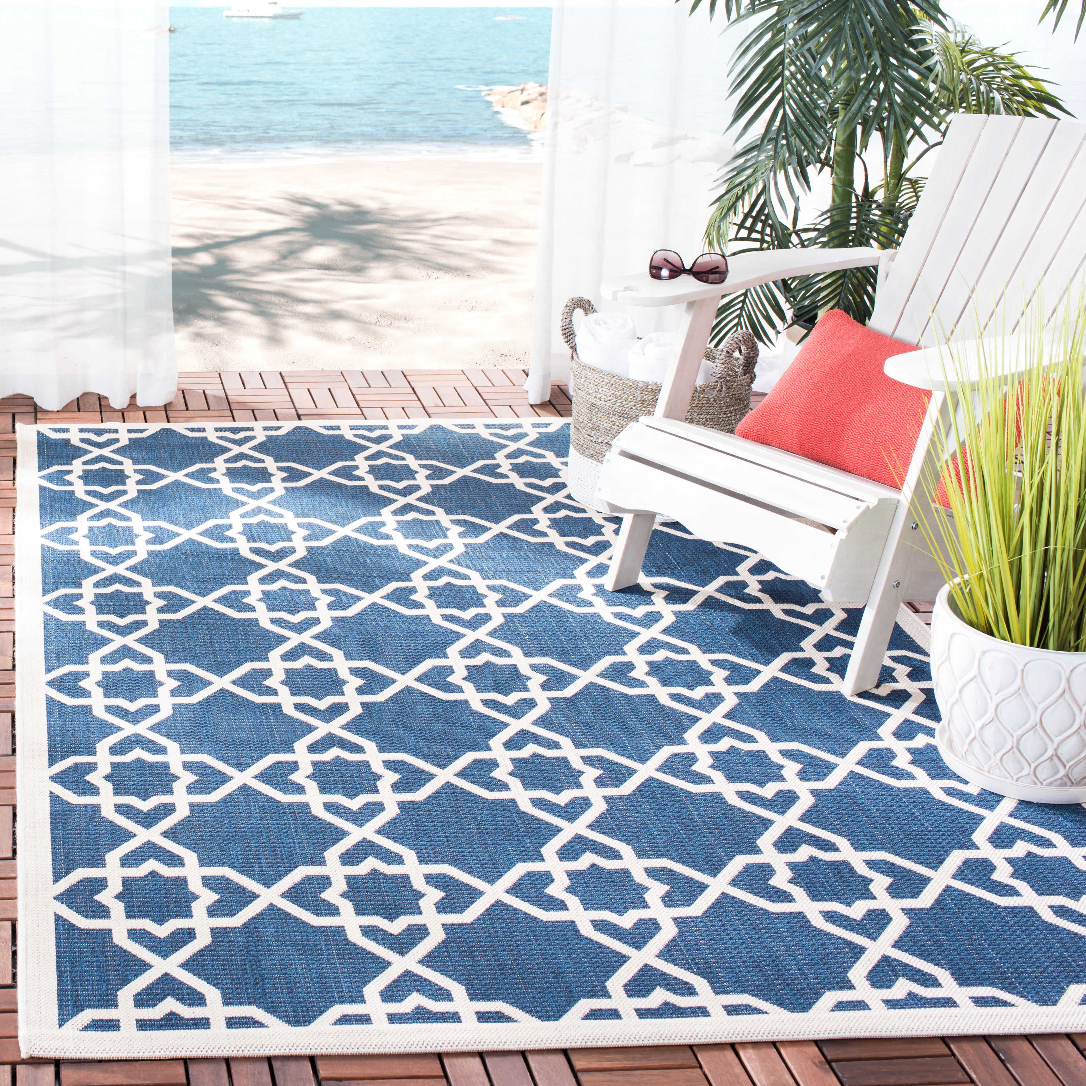 SAFAVIEH Courtyard Carol Geometric Indoor/Outdoor Area Rug, 6'7" x 9'6", Navy/Beige