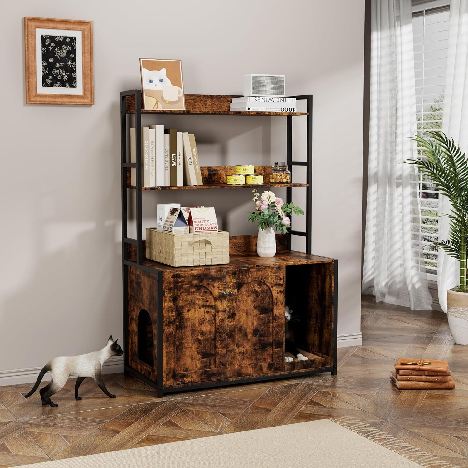 NEILA Litter Box Enclosure with 2 Storage Shelves White Hidden Cat Litter Box Furniture with Scratch Pad, Indoor Cat House Kitty Box Washroom Cat Bookshelf Cabinet, Brown