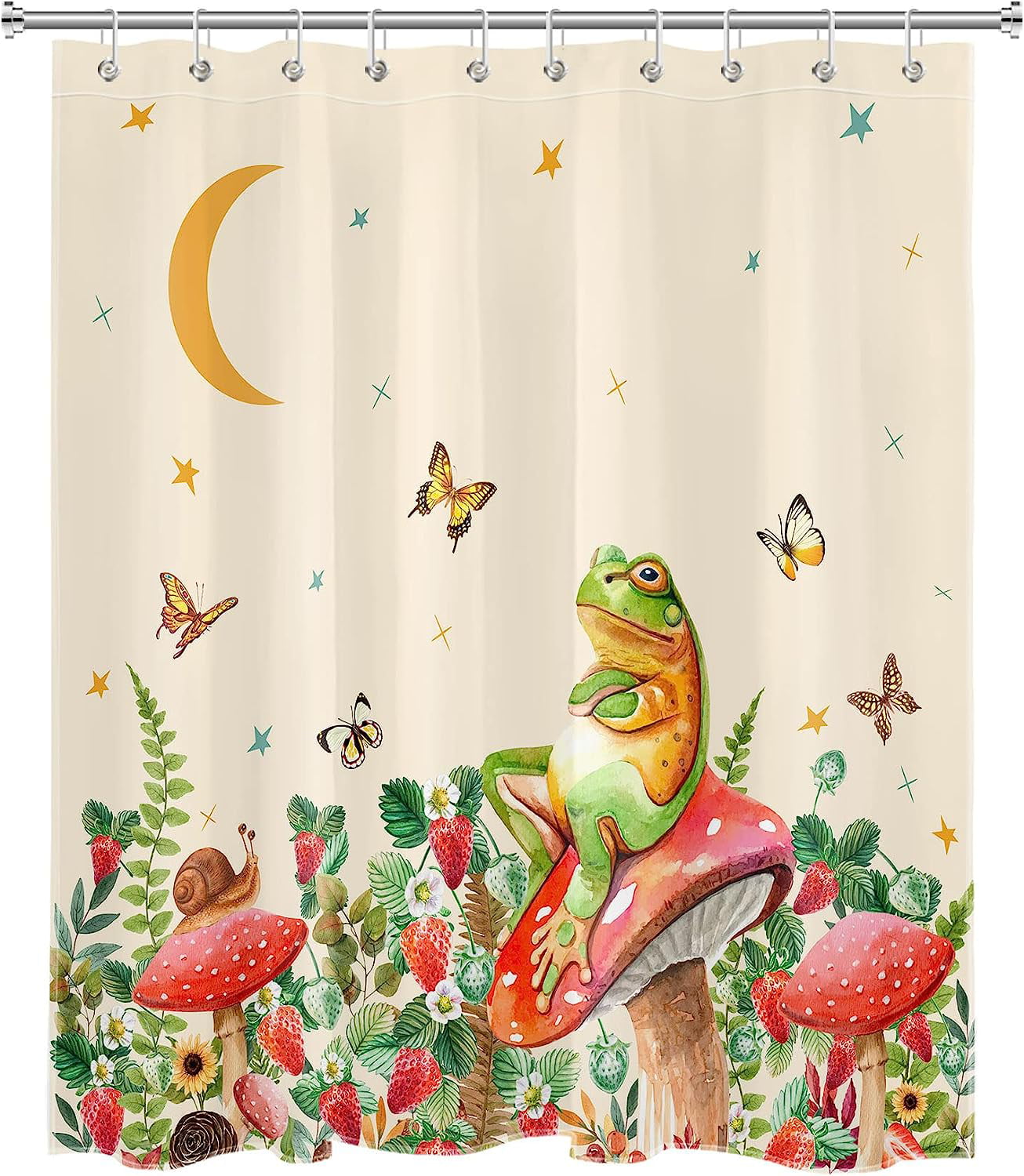 JOOCAR Mushroom Shower Curtain Cute Frog Butterfly in Green Plant Shower  Curtain Set Moon in Beige Sky Shower Curtains for Bathroom Small Waterproof