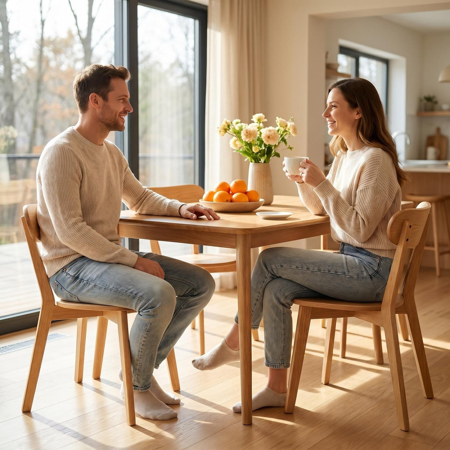100% Natural Solid Wood Dining Chairs Set of 4 Mid Century Modern Kitchen Chairs with Curved Backrest Adjustable Foot Pads Walnut Dining Room Living Room Study Chairs, Natural