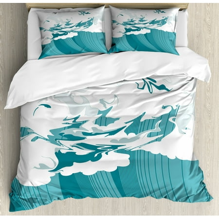 Japanese Wave Queen Size Duvet Cover Set East Oriental Watercolor