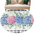 thumbnail image 2 of Round Area Rug 6 Ft, Blue Pink Hydrangea Washable Non-Slip Circle Carpet for Living Room/Bedroom, Eucalyptus Leaves Summer Botanical Plaid Low-Profile Indoor Mats Collection Rugs for Residential, 2 of 7