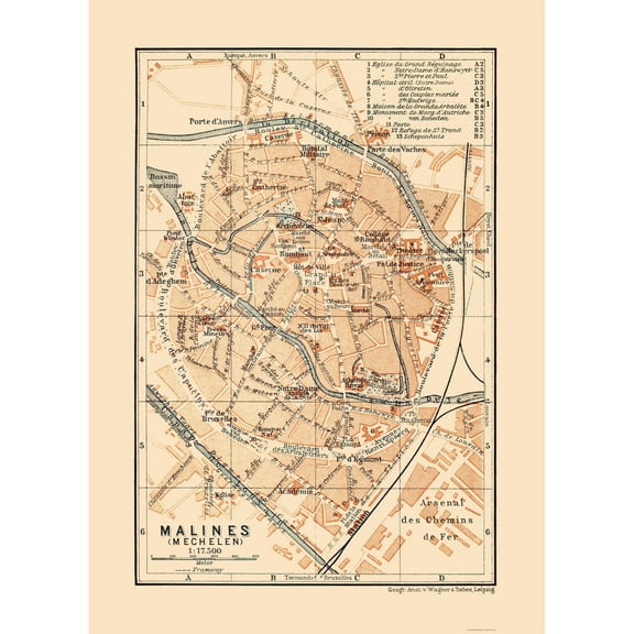 Historic Map - Mechelen Belgium - Baedeker 1910 - 23 x 31.98 - Vintage Wall Art
