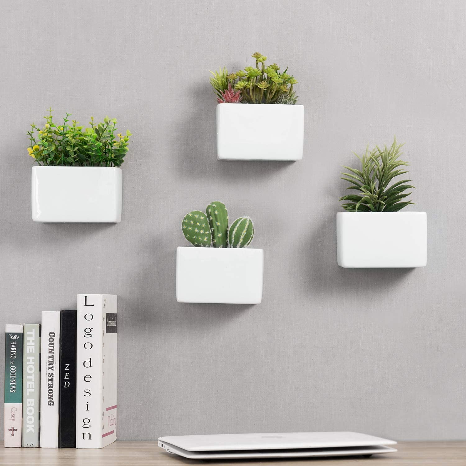 MyGift 4 Piece Modern Wall Hanging Ceramic Planter, White
