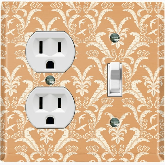 Metal Light Switch Plate Outlet Cover (Victorian Damask Flower Feather Tan Pattern - Single Duplex Single Toggle)