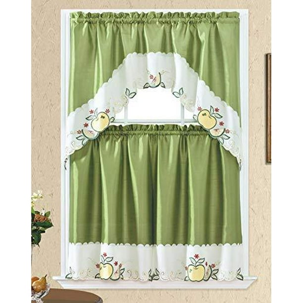 3pc Rod Pocket Embroidered Kitchen Curtains And Valances Set Swag Curtains & Tier Set 36 Inch Length Floral Fruit Designs Many Colors( BT377-GREEN)