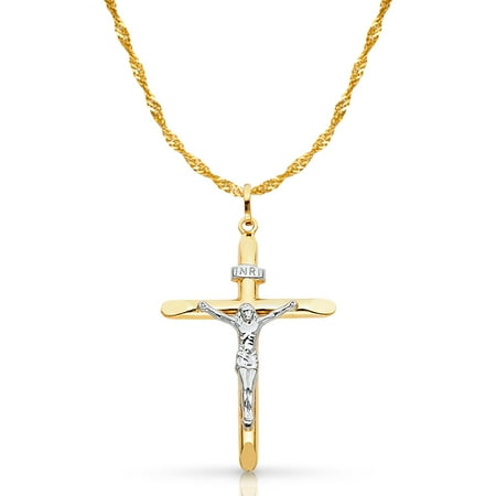 14k Two Tone Gold Cross Pendant 14K Two Tone Gold Crucifix Cross Pendant with 1.8mm Singapore Chain Chain Necklace ()