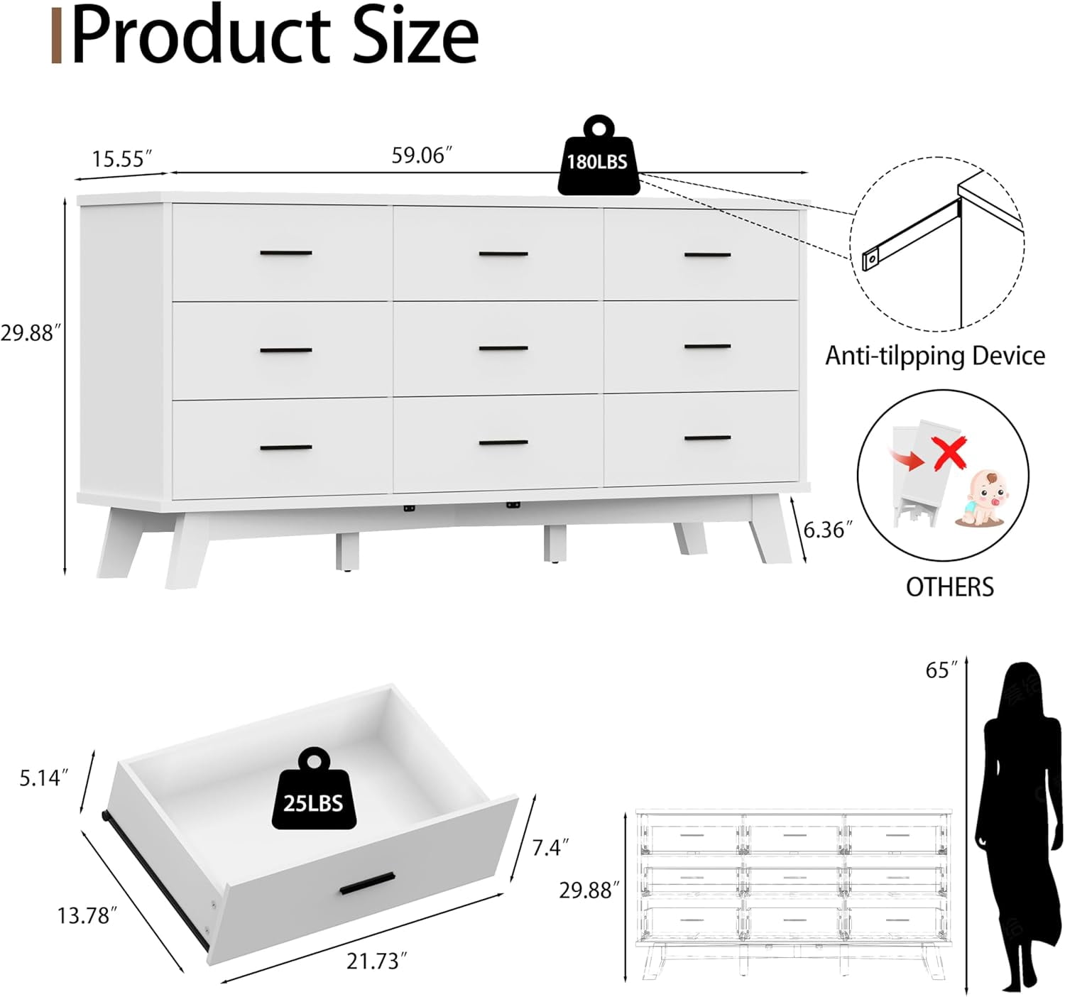 FANRAL 9 Drawer Dresser for Bedroom,Wood Modern Chest of Drawers with X-Shaped Sturdy Base,White Dresser