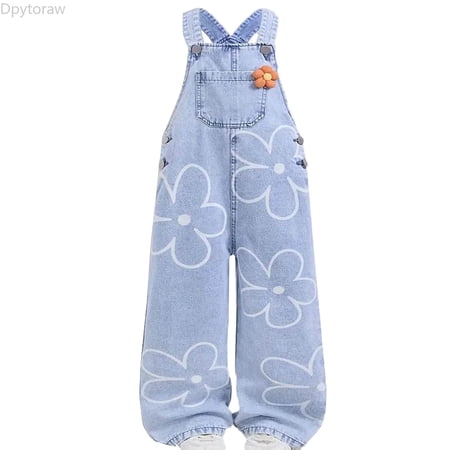 Dpytoraw Girls Printed Wide Leg Denim Overalls With Decorative Details Girls Denim Jeans Size 4 Years