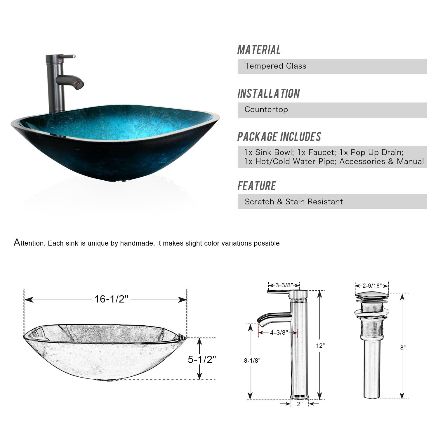 Eclife 24" Black Bathroom Vanity Set with Wood Top, Green Glass Sink, Water Saving Faucet, Pop up Drain Combo