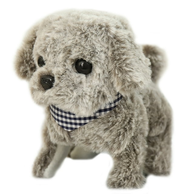 Chien en Peluche Électrique Interactif - Jouet Chiot Doux Qui Marche, Jouet Chien Aboyant pour Enfants. Cet Animal Électronique Présente un Extérieur en Peluche Brun Grisâtre avec une texture Douce et un bandana à Carreaux. Conçu pour les Enfants de 4 à 6 Ans, Il Effectue des actions Interactives comme Marcher, Aboyer et Remuer. le Jouet Mesure 15 x 15 x 10 cm (5,91 x 5,91 x 3,94 Po) et Nécessite 2 Piles AA (Non Incluses).
