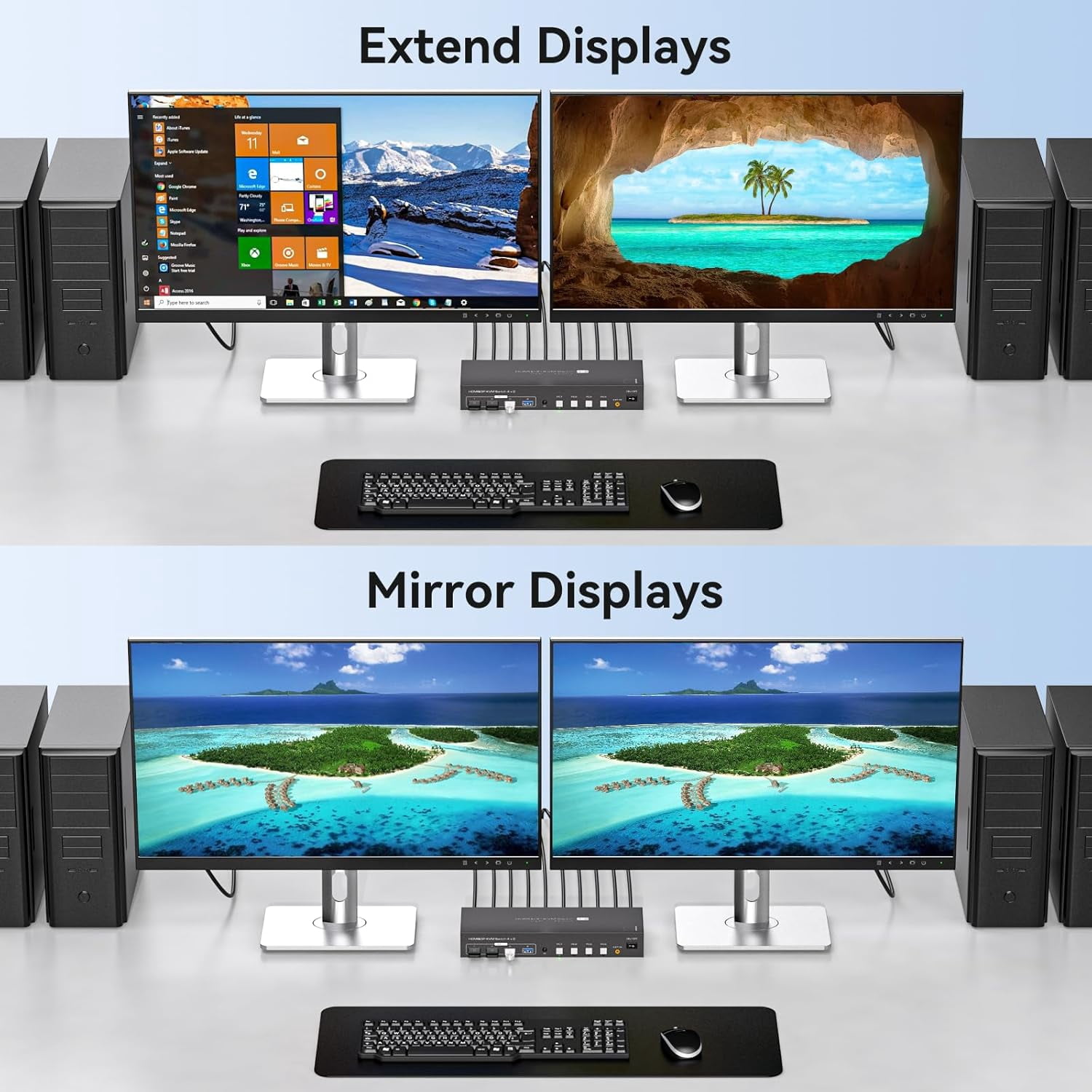 AUBEAMTO Dual Monitor HDMI+Displayport KVM Switch 4 Computers 2 Monitors 4K@60Hz 2K@120Hz 4 Port KVM Switches for 4 PCs Share 4 USB 3.0 Devices with Remote Control,USB3.0 Cables and Power Adapter