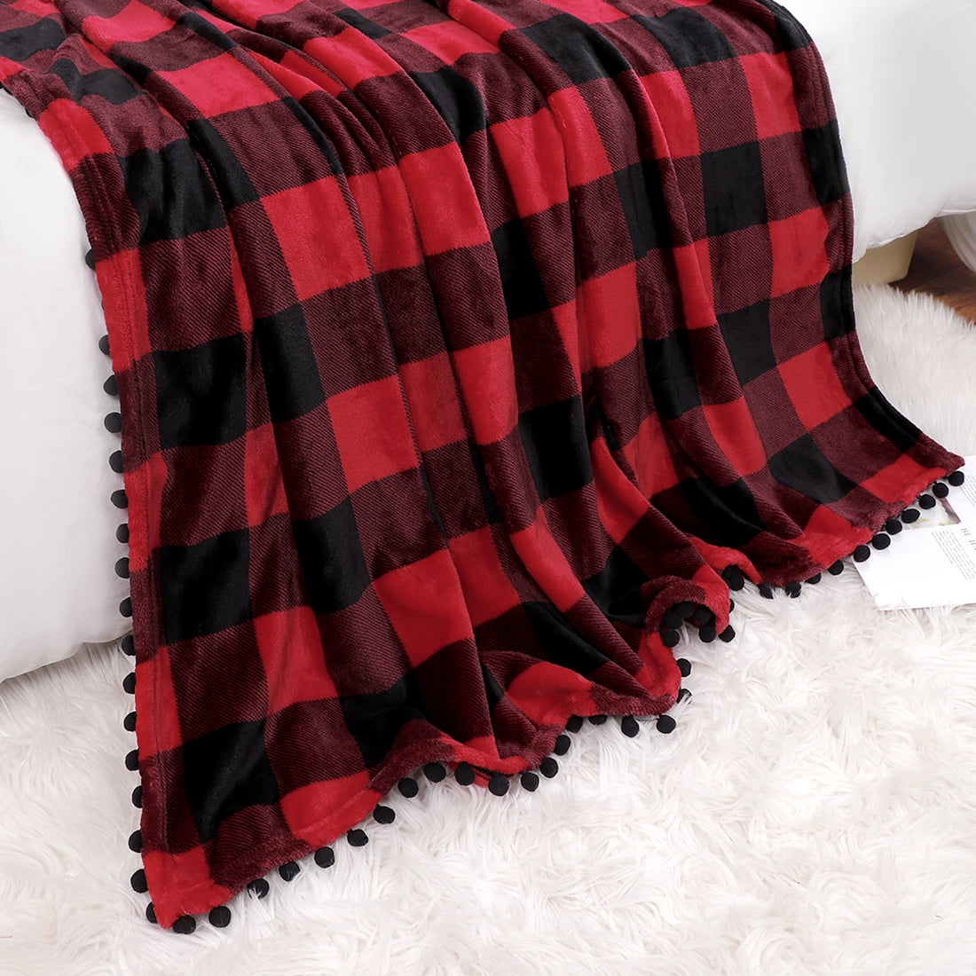 Unique Bargains Soft Plush Couch Plaid Fleece Throw Blanket, 50" x 60", Red and Black